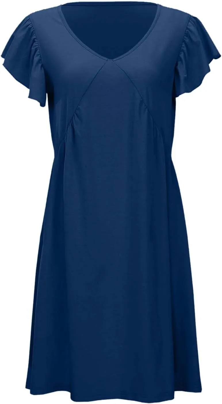 Women's Casual Summer Dresses 2025 Beach Deep V Neck Solid Color Dresses Loose Sundress Ruffle Sleeve Mini Dress