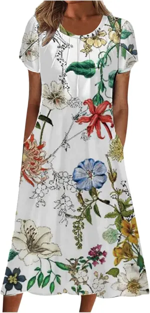 Womens Floral Midi Dress with Pockets Casual Summer T Shirts Dress Elegant Pleated Dress Cute Trendy A-Line Sun Dress