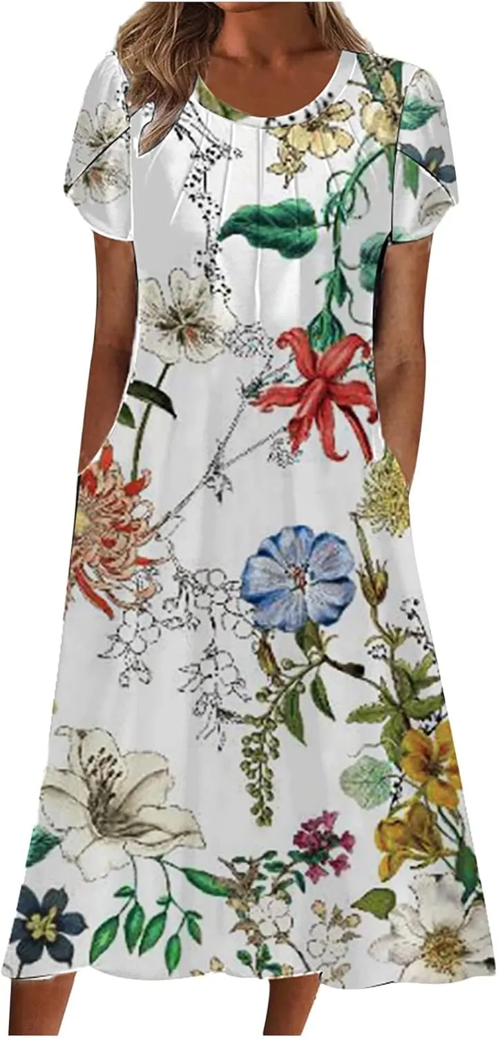 Womens Floral Midi Dress with Pockets Casual Summer T Shirts Dress Elegant Pleated Dress Cute Trendy A-Line Sun Dress