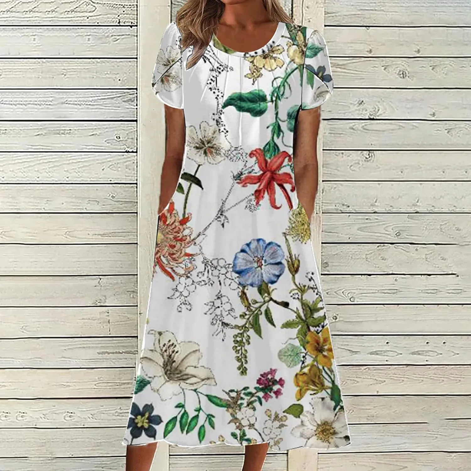 Womens Floral Midi Dress with Pockets Casual Summer T Shirts Dress Elegant Pleated Dress Cute Trendy A-Line Sun Dress