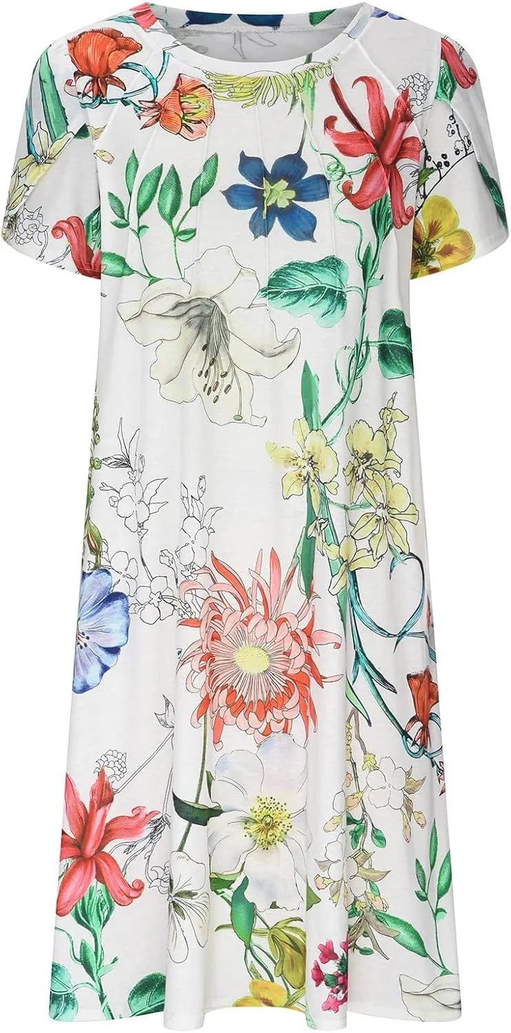 Womens Floral Midi Dress with Pockets Casual Summer T Shirts Dress Elegant Pleated Dress Cute Trendy A-Line Sun Dress