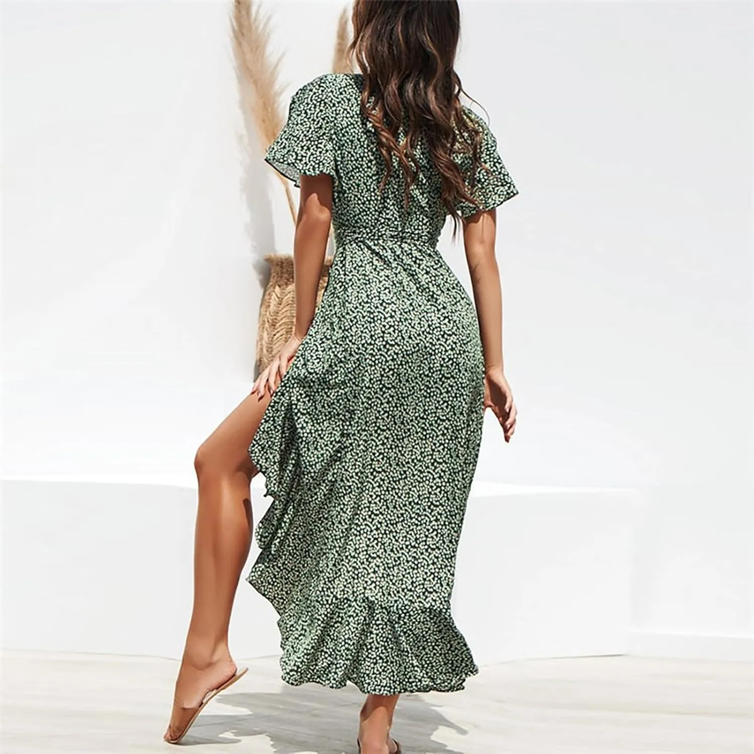 Women's Floral Print Boho Dress Short Sleeve Wrap V Neck Ruffle Belted A-Line Flowy Maxi Dresses Wedding Guest Dresses