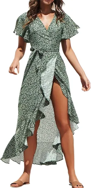 Women's Floral Print Boho Dress Short Sleeve Wrap V Neck Ruffle Belted A-Line Flowy Maxi Dresses Wedding Guest Dresses