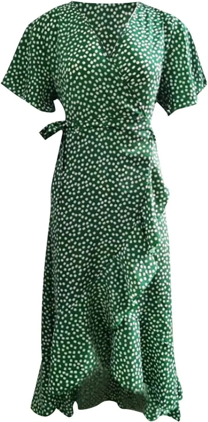 Women's Floral Print Boho Dress Short Sleeve Wrap V Neck Ruffle Belted A-Line Flowy Maxi Dresses Wedding Guest Dresses