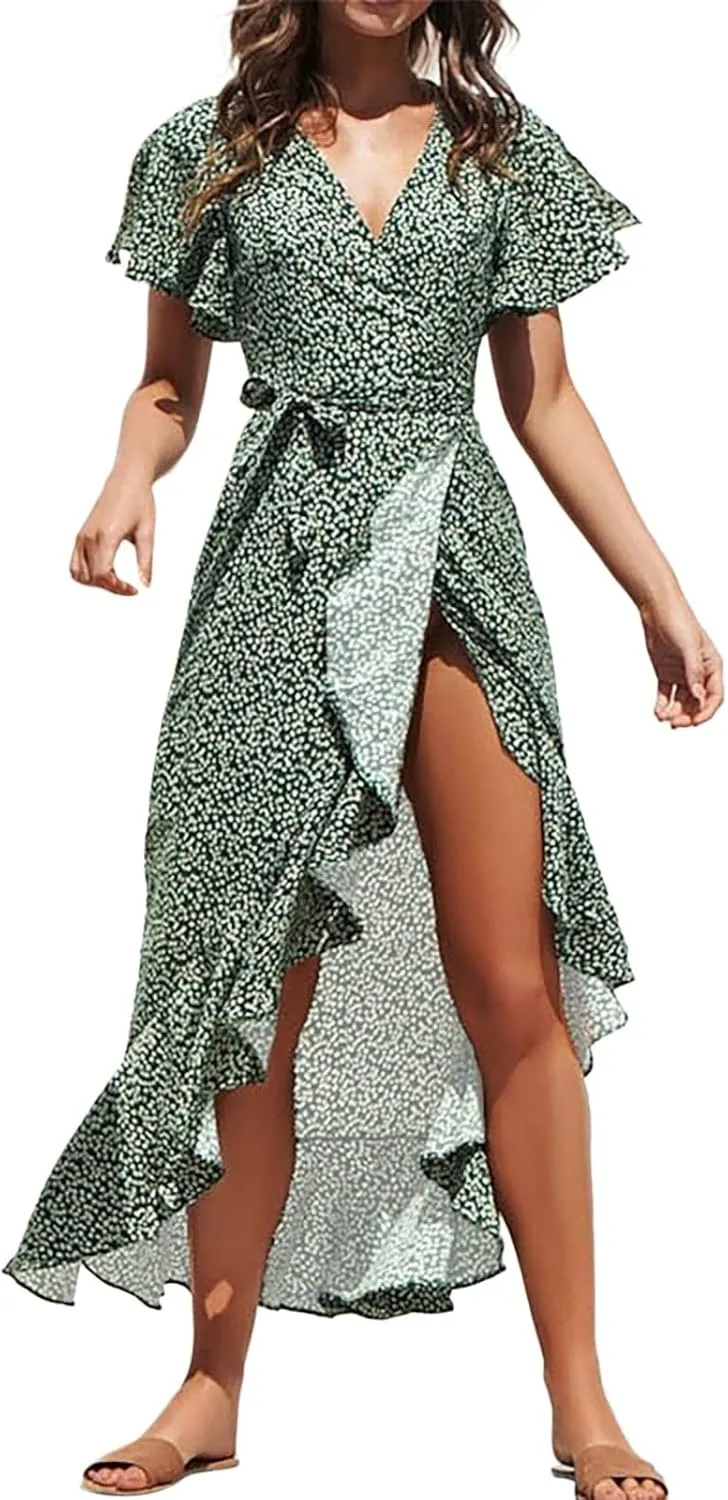 Women's Floral Print Boho Dress Short Sleeve Wrap V Neck Ruffle Belted A-Line Flowy Maxi Dresses Wedding Guest Dresses