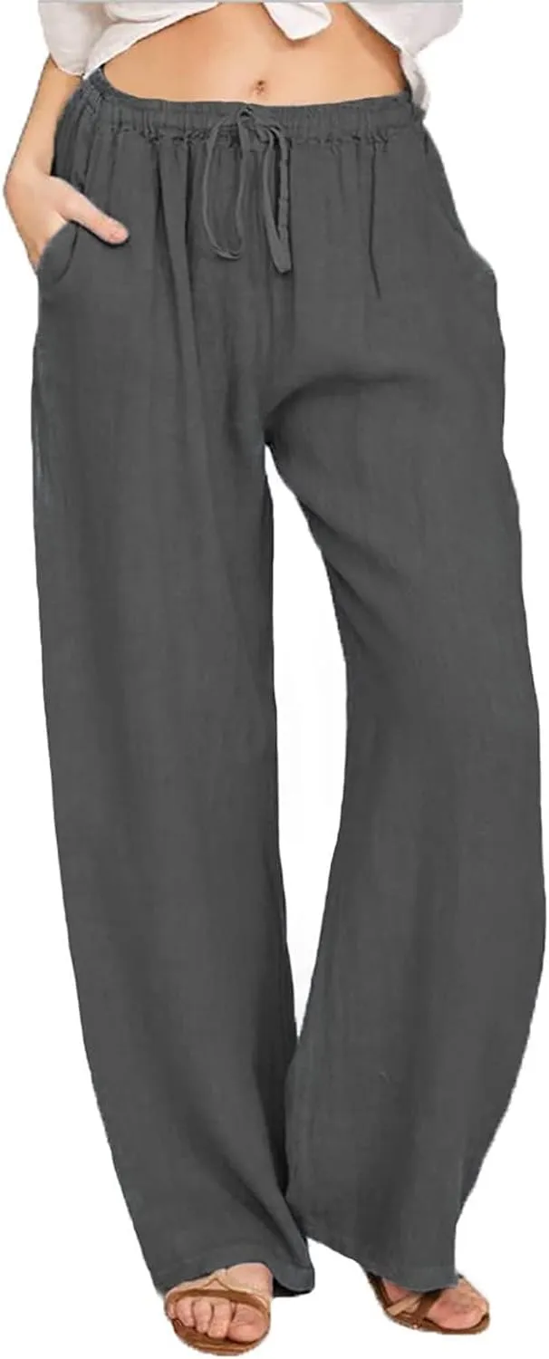 Womens Linen Wide Leg Pants High Waisted Drawstring Pant Athletic Casual Sweatpants Flowy Beach Pants Summer Trousers