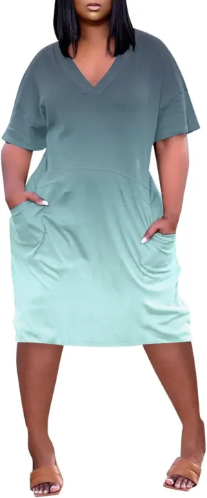 Women's Plus Size Summer Dresses 2024 V Neck Short Sleeve Knee Length Dress for Women with Pockets,S-5XL