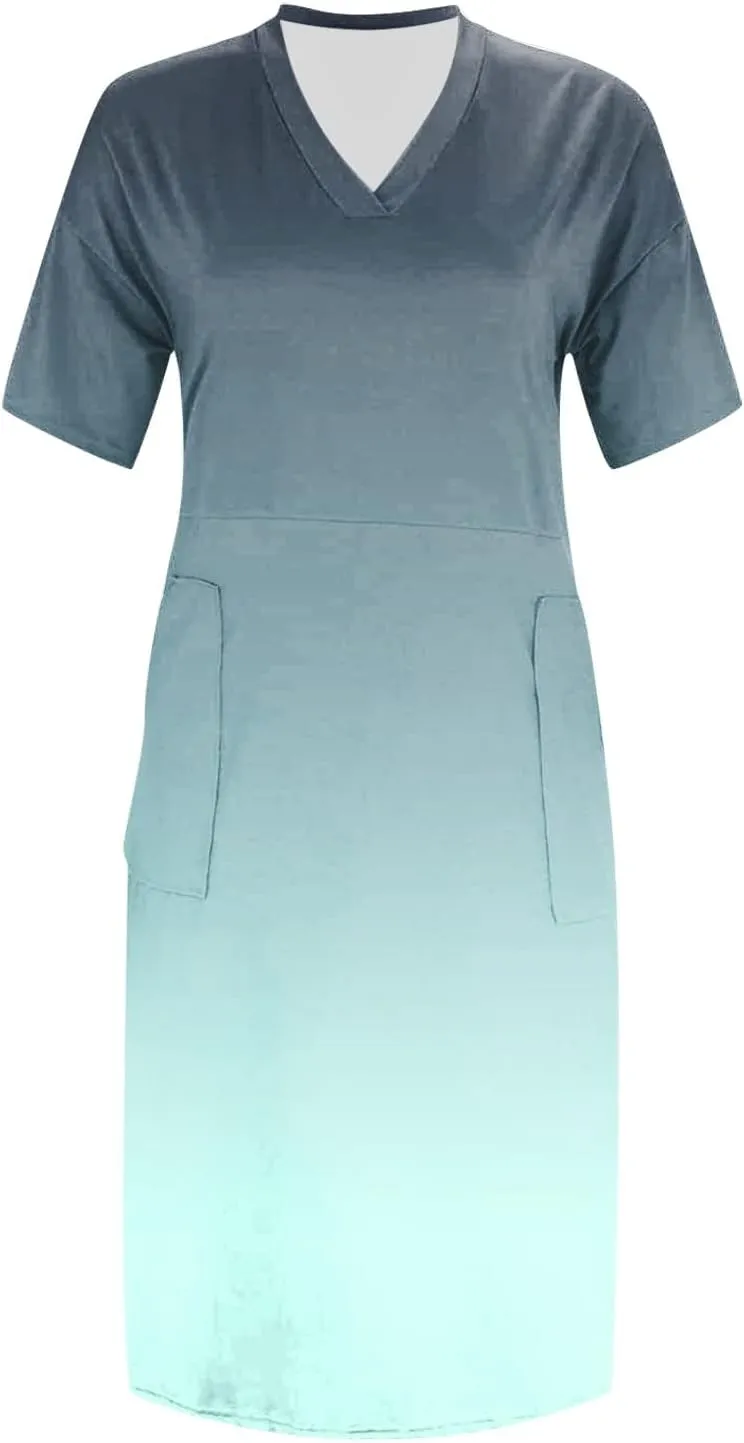 Women's Plus Size Summer Dresses 2024 V Neck Short Sleeve Knee Length Dress for Women with Pockets,S-5XL