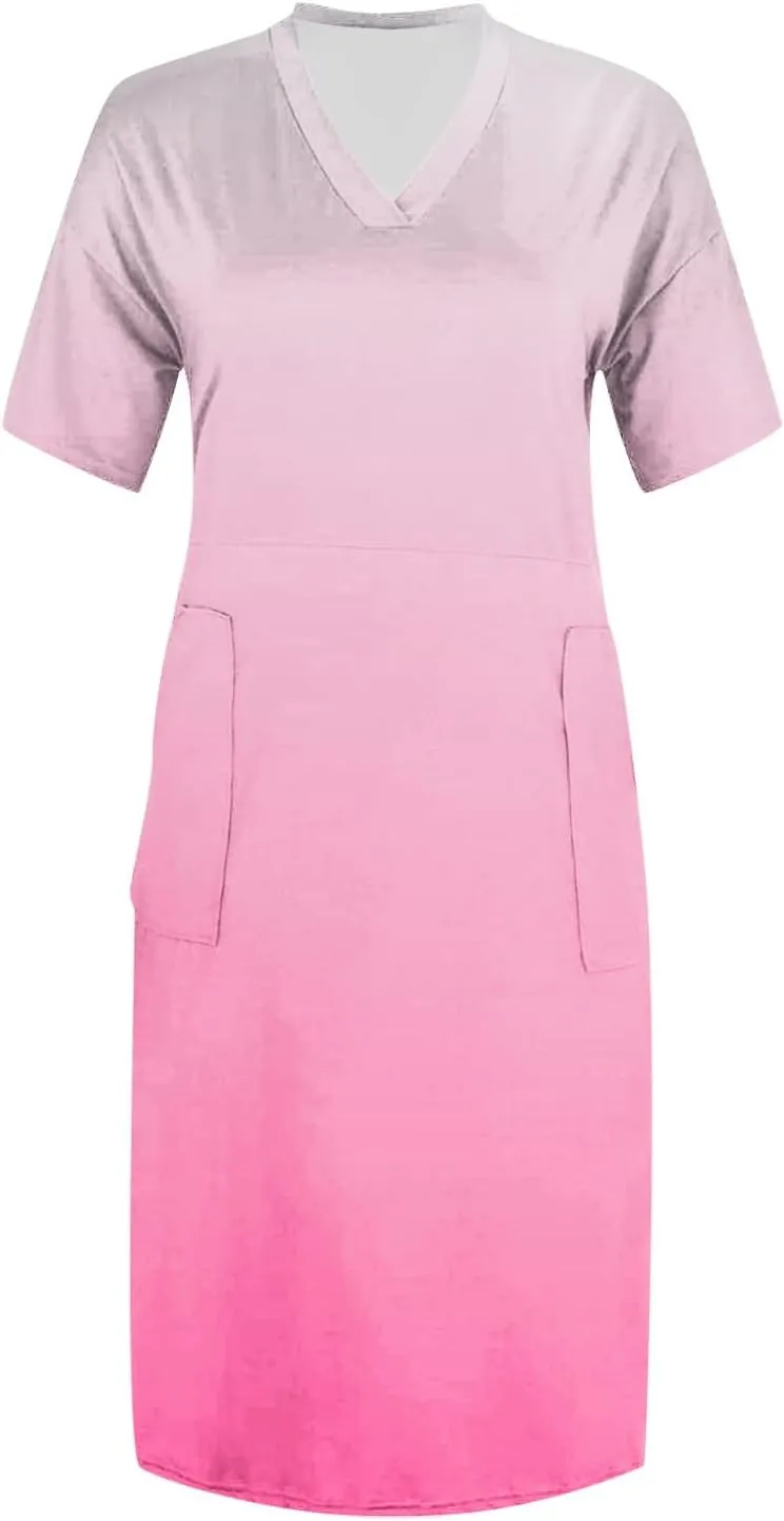Women's Plus Size Summer Dresses 2024 V Neck Short Sleeve Knee Length Dress for Women with Pockets,S-5XL