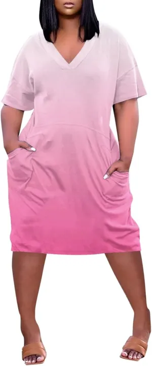 Women's Plus Size Summer Dresses 2024 V Neck Short Sleeve Knee Length Dress for Women with Pockets,S-5XL