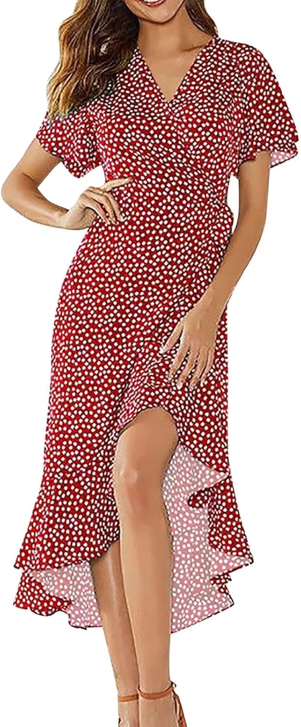 Women's Summer Floral Boho Dress Wrap V Neck Short Sleeve Ruffle A-Line Flowy Maxi Wedding Guest Dresses for Women