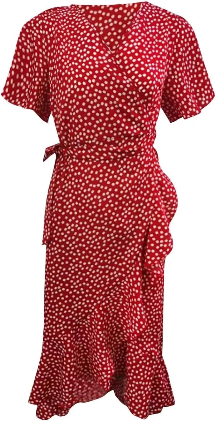 Women's Summer Floral Boho Dress Wrap V Neck Short Sleeve Ruffle A-Line Flowy Maxi Wedding Guest Dresses for Women