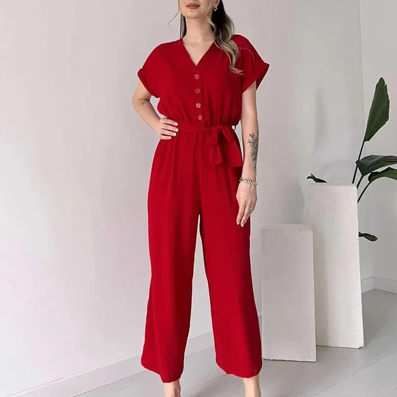  Women's V-Neck Short Sleeve V-Neck Casual Jumpsuit