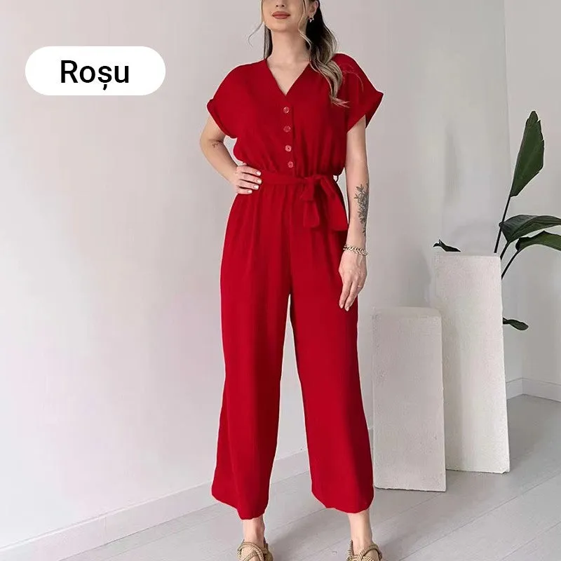  Women's V-Neck Short Sleeve V-Neck Casual Jumpsuit