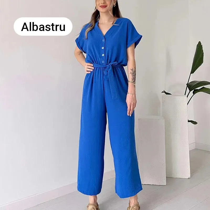  Women's V-Neck Short Sleeve V-Neck Casual Jumpsuit