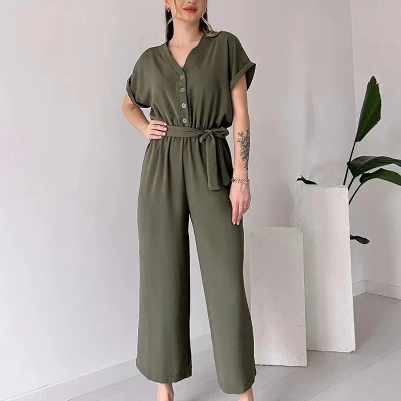  Women's V-Neck Short Sleeve V-Neck Casual Jumpsuit