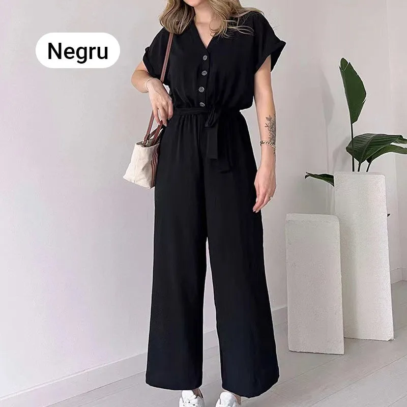 Women's V-Neck Short Sleeve V-Neck Casual Jumpsuit