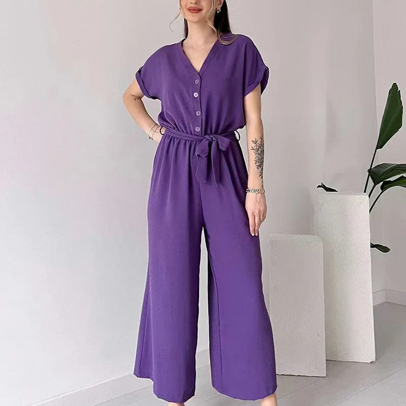  Women's V-Neck Short Sleeve V-Neck Casual Jumpsuit