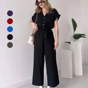  Women's V-Neck Short Sleeve V-Neck Casual Jumpsuit