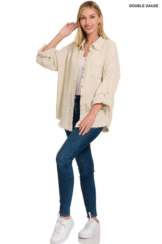 Zenana Washed Double Gauze Womens Button Down Shirt