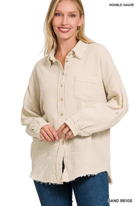 Zenana Washed Double Gauze Womens Button Down Shirt