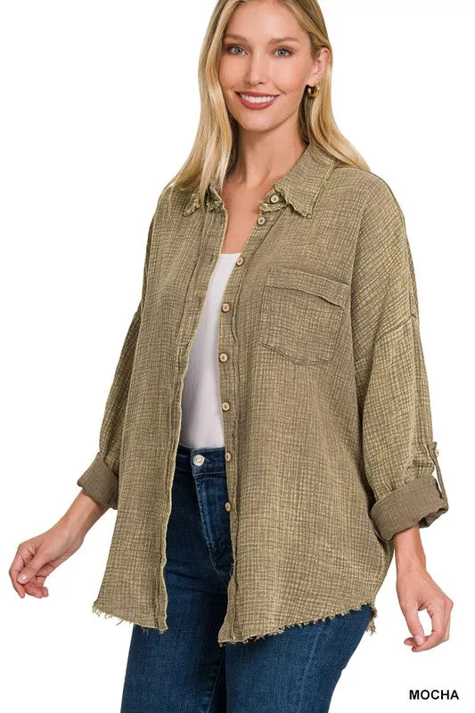 Zenana Washed Double Gauze Womens Button Down Shirt