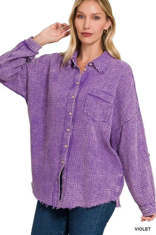 Zenana Washed Double Gauze Womens Button Down Shirt