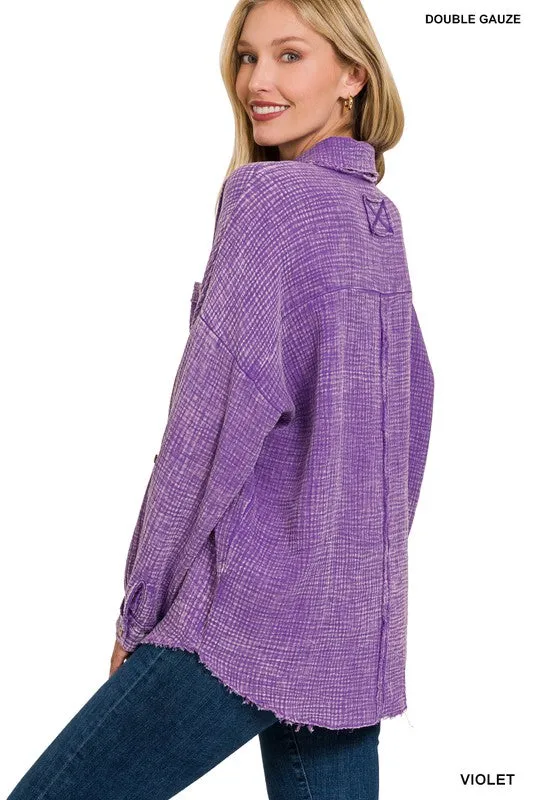 Zenana Washed Double Gauze Womens Button Down Shirt