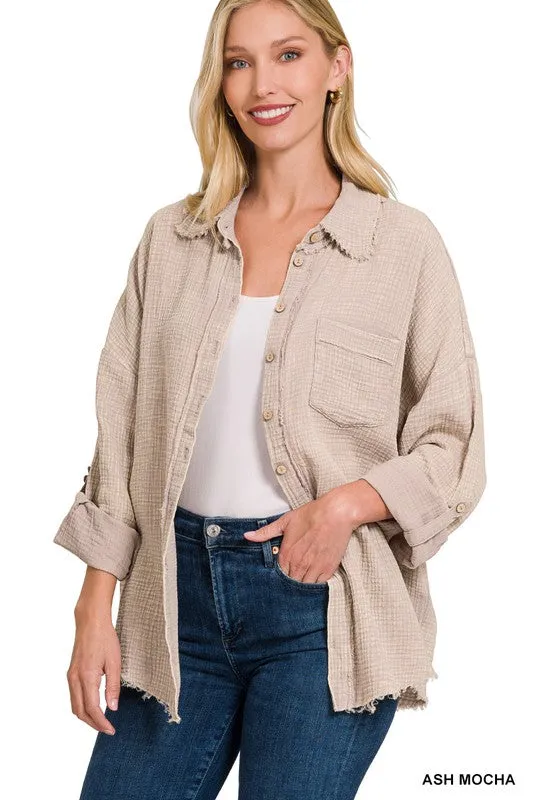 Zenana Washed Double Gauze Womens Button Down Shirt