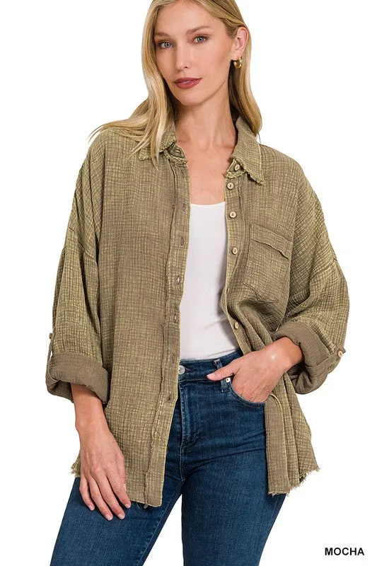 Zenana Washed Double Gauze Womens Button Down Shirt