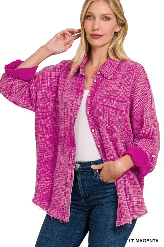 Zenana Washed Double Gauze Womens Button Down Shirt
