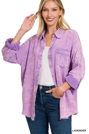 Zenana Washed Double Gauze Womens Button Down Shirt