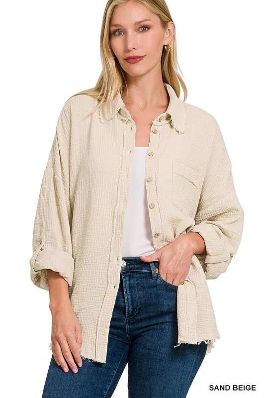 Zenana Washed Double Gauze Womens Button Down Shirt