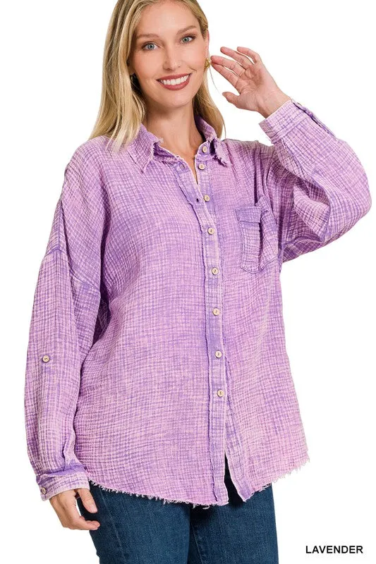 Zenana Washed Double Gauze Womens Button Down Shirt