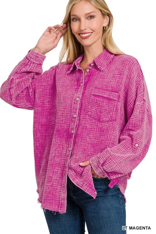 Zenana Washed Double Gauze Womens Button Down Shirt