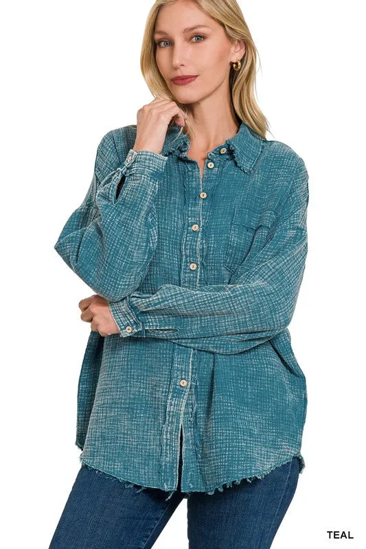 Zenana Washed Double Gauze Womens Button Down Shirt