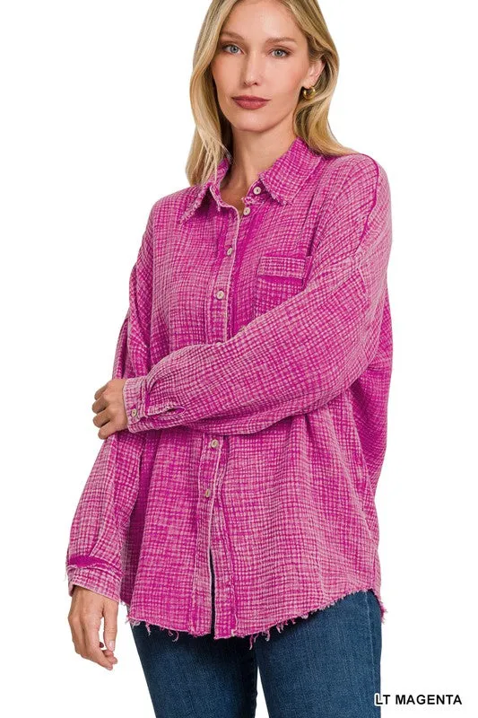 Zenana Washed Double Gauze Womens Button Down Shirt