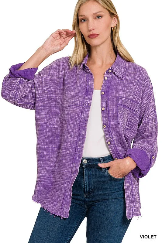 Zenana Washed Double Gauze Womens Button Down Shirt