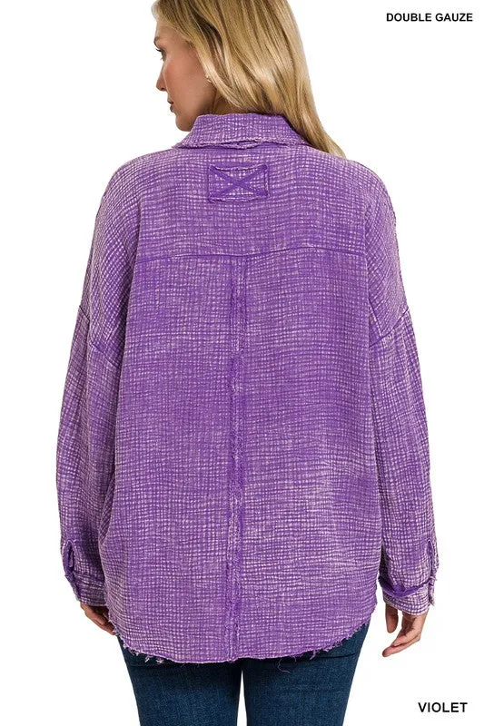 Zenana Washed Double Gauze Womens Button Down Shirt