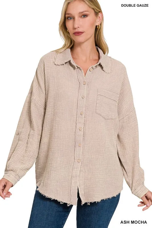 Zenana Washed Double Gauze Womens Button Down Shirt
