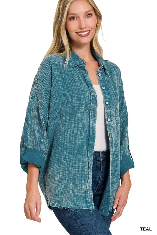 Zenana Washed Double Gauze Womens Button Down Shirt