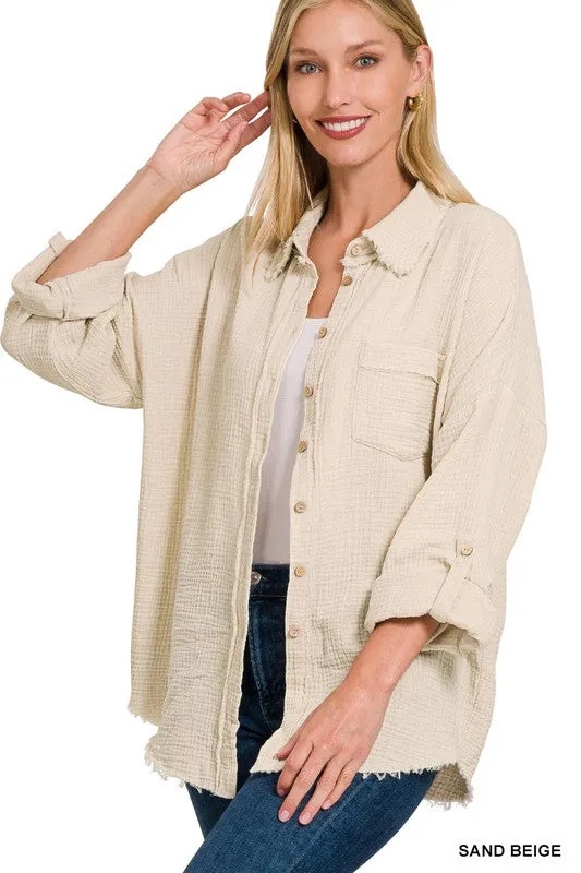Zenana Washed Double Gauze Womens Button Down Shirt
